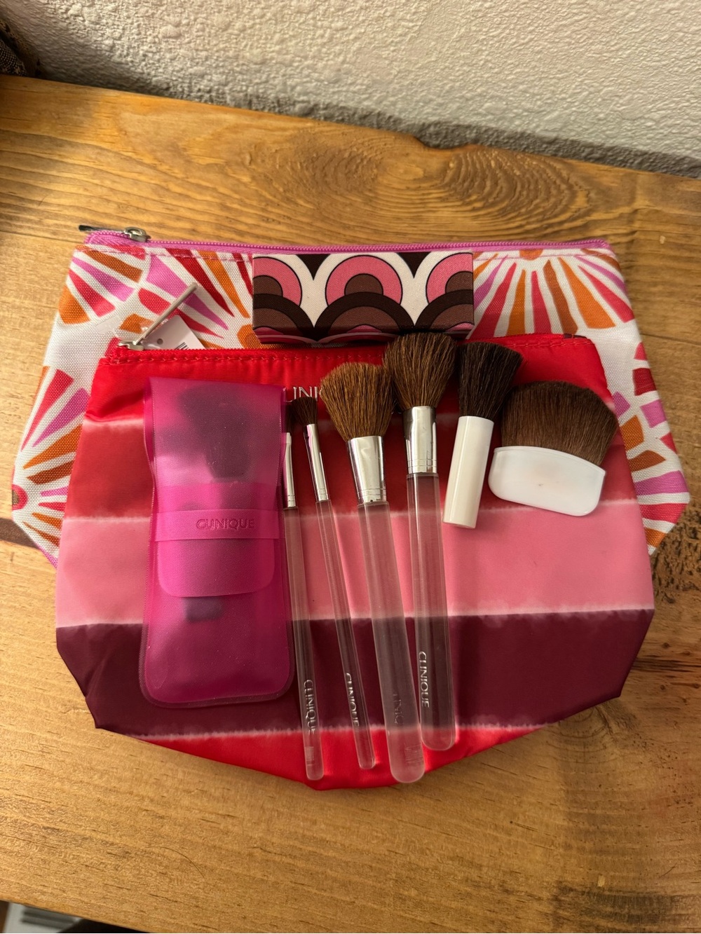 Clinique Pink Ombre Makeup Brush Set with Patterned Pouches